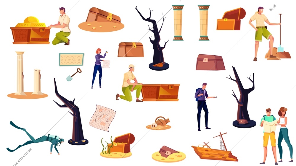 Treasure hunt icons set with chest digging symbols flat isolated vector illustration