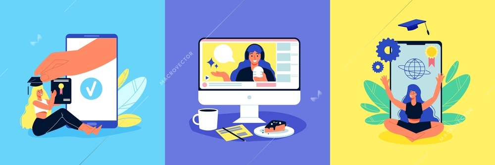 Online education design concept with square compositions smartphone images workspace elements and human characters of students vector illustration