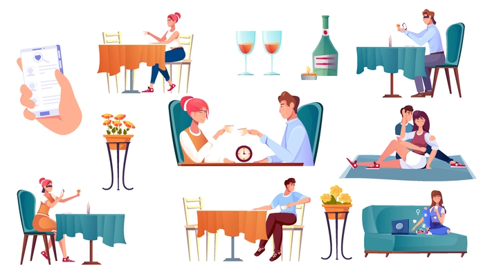 Acquaintance romantic set of flat icons doodle characters of lovers during date with drinks and flowers vector illustration