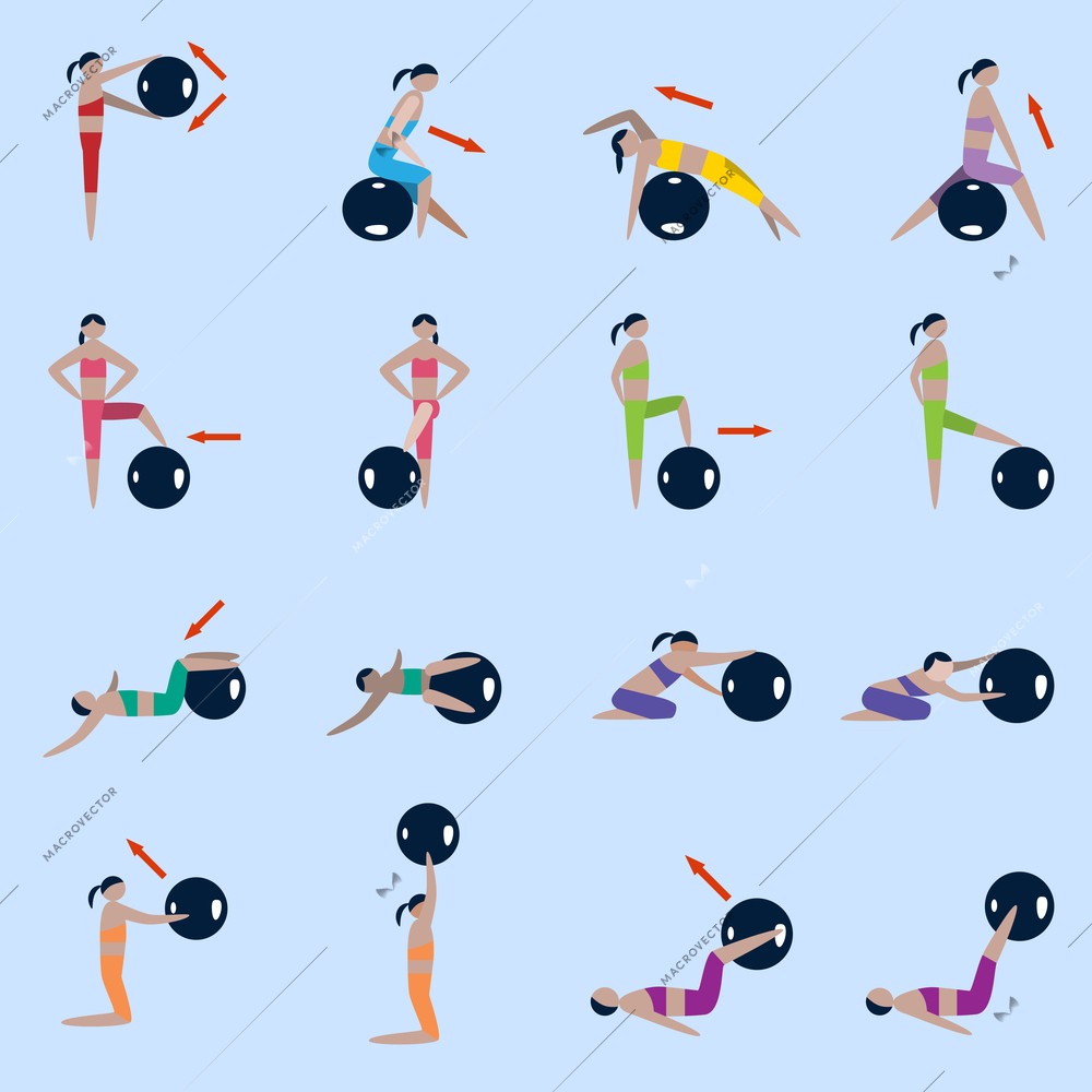 Women silhouettes with fitness ball sport exercises icons set isolated vector illustration