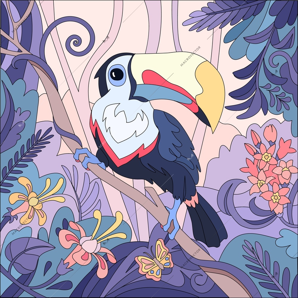 Tropical bird composition with flat coloring image of perching toucan with rainforest plants and exotic flowers vector illustration