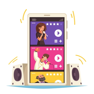 Streaming music mobile app concept with different singers on smartphone screen flat vector illustration