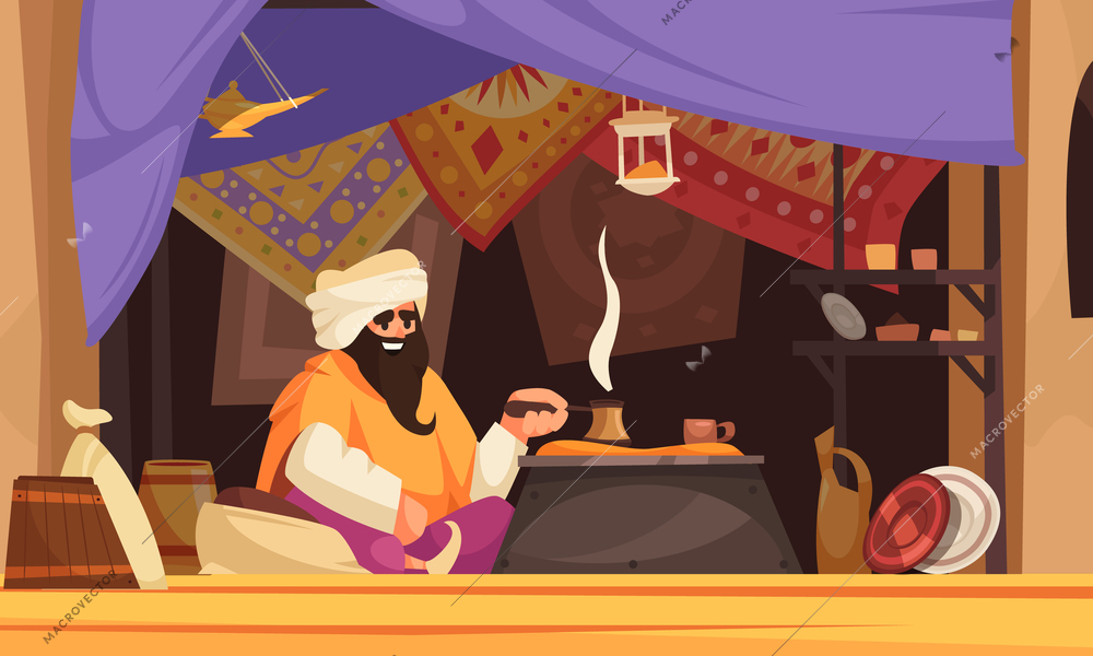 Asian souk cartoon background with arabic man making traditional eastern coffee under trade tent with carpets vector illustration