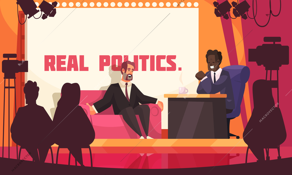 Real politics in tv studio colored poster with two men in costumes discussing political questions vector illustration