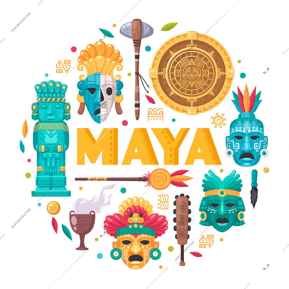 Maya civilization cartoon concept with culture and traditions symbols vector illustration