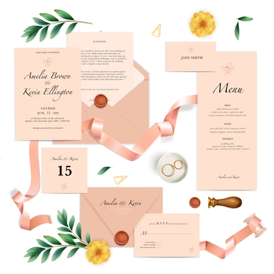 Realistic set of pink wedding invitation templates with text seal and rings isolated vector illustration