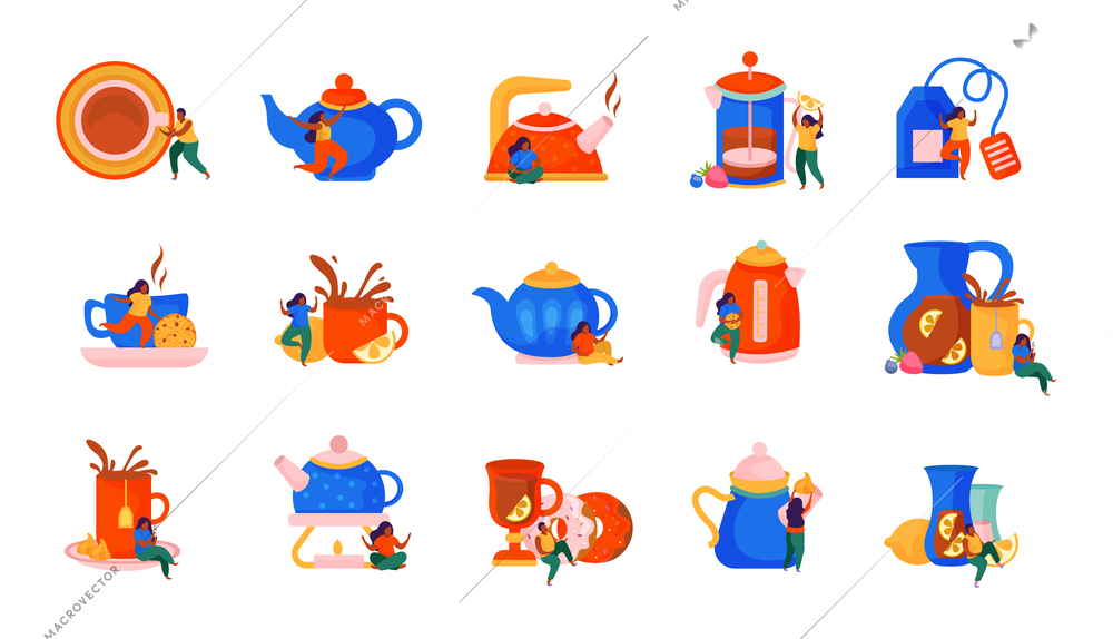 Tea time flat recolor set of isolated icons with small human characters plates cups and teapots vector illustration