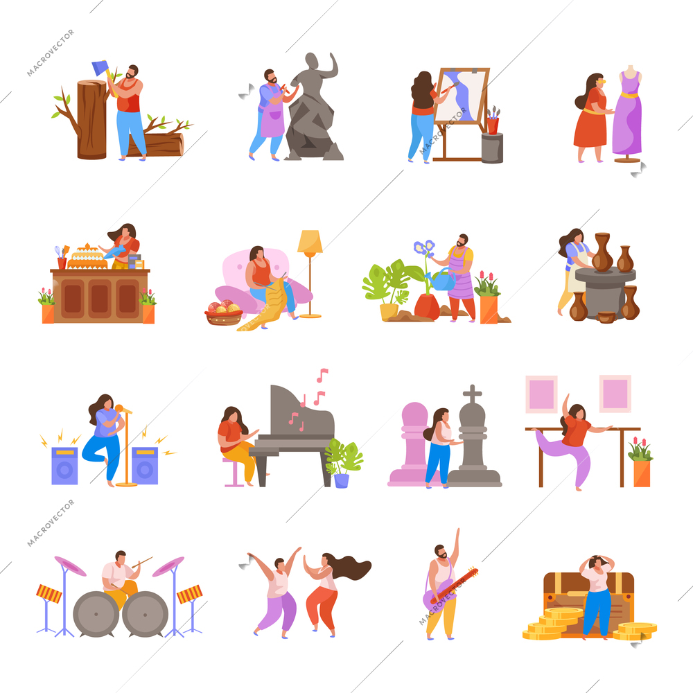 Hobby flat people set of isolated icons with doodle characters with various activities on blank background vector illustration