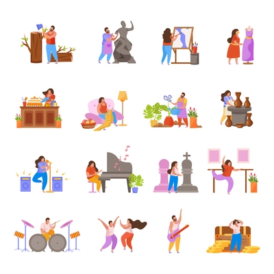 Hobby flat people set of isolated icons with doodle characters with various activities on blank background vector illustration