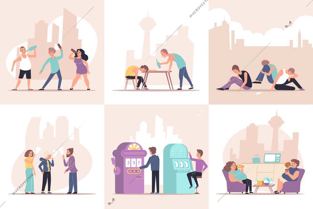 Addiction set of flat compositions with human characters of addicted persons with objects and cityscape background vector illustration