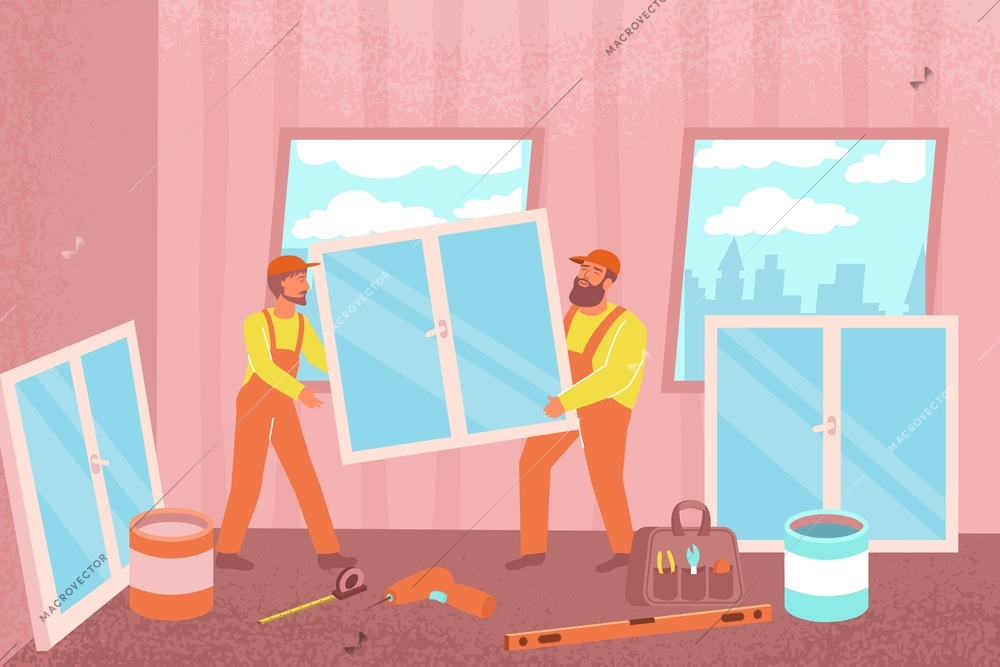 Installation of windows flat composition with indoor view of living room with finishing workers holding window vector illustration