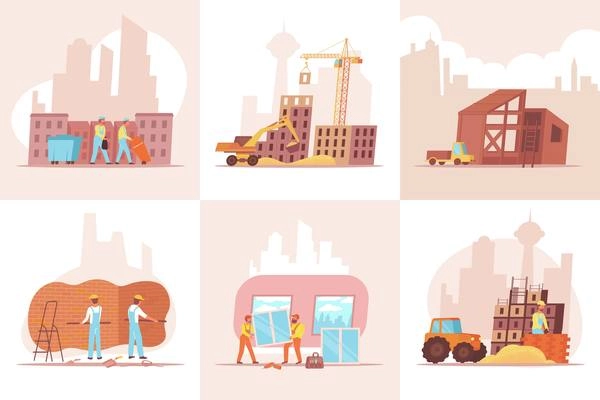 Home construction set of six square compositions with flat images of apartment houses under finishing works vector illustration