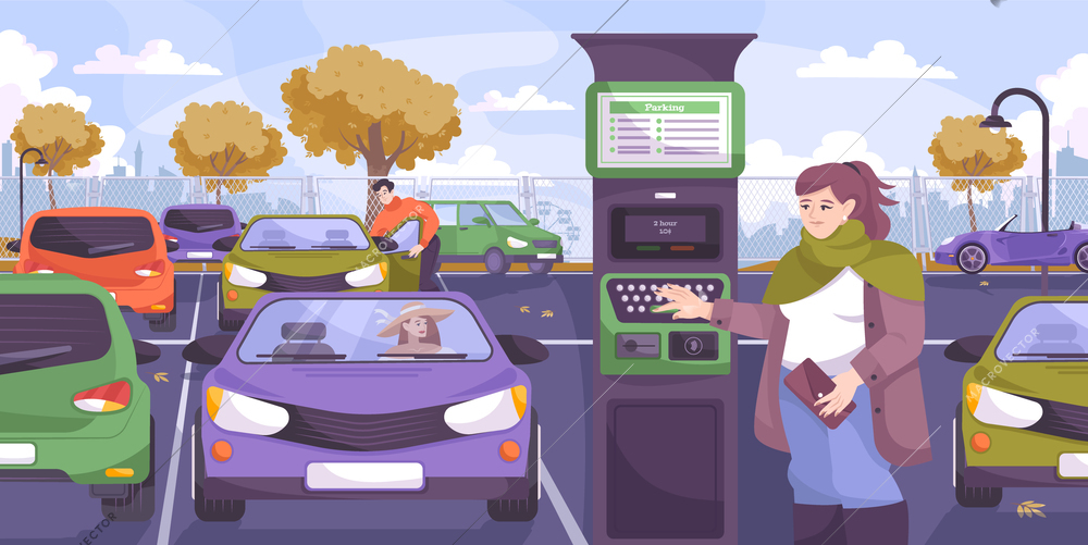 Parking pay flat composition with outdoor parking lot scenery cars and female driver touching payment terminal vector illustration