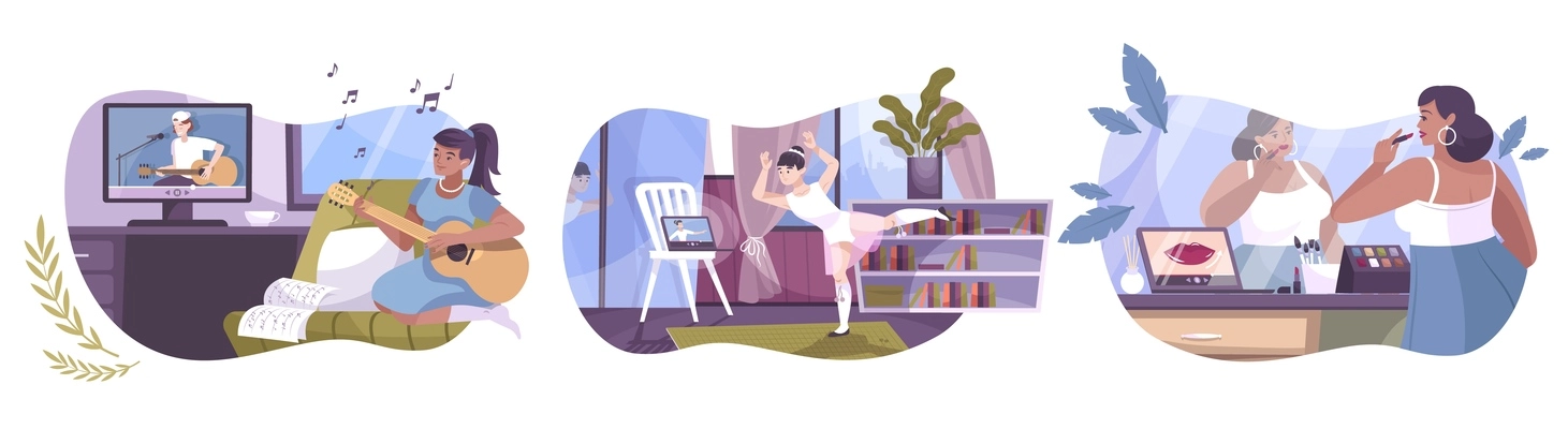 Set of three isolated hobby online compositions with flat images of people doing things at home vector illustration