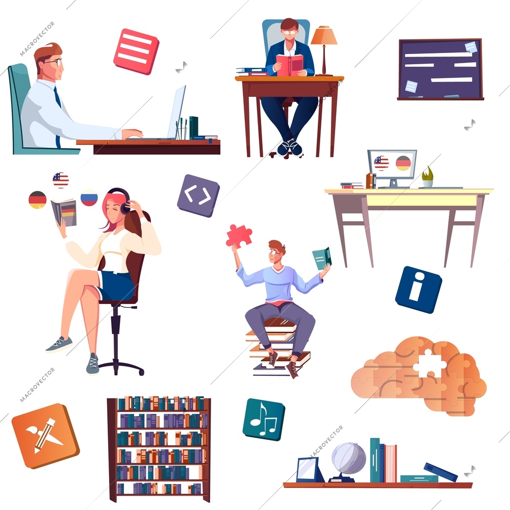 Self education set of flat icons and isolated images of book cases workplaces and studying people vector illustration