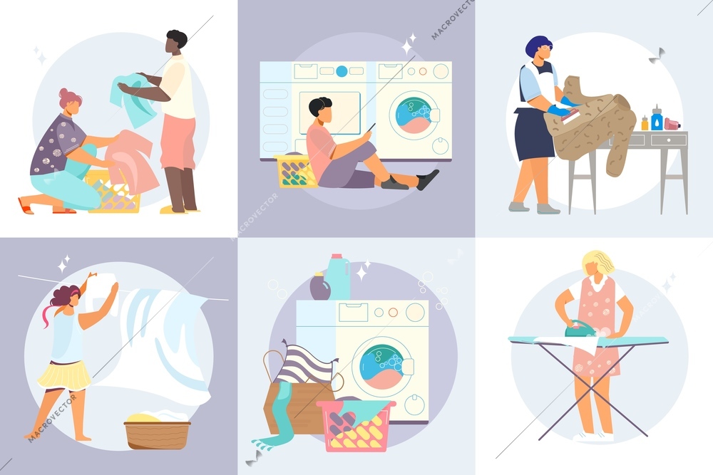 Laundry design concept with square compositions of dirty clothes in baskets washing machines and human characters vector illustration