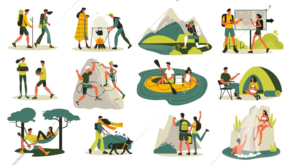 Hiking set with isolated icons doodle characters of travelers couple and landscape elements with traveling equipment vector illustration