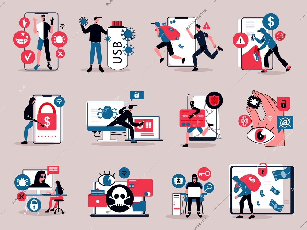 Hacker activity computer viruses and money stealing flat icons set isolated vector illustration