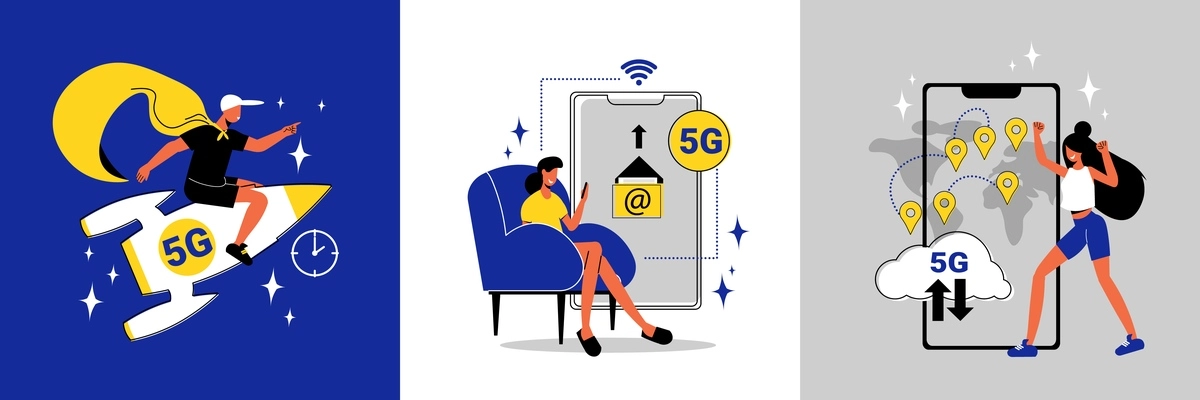 High speed 5g internet design concept with human characters rocket and smartphone flat isolated vector illustration