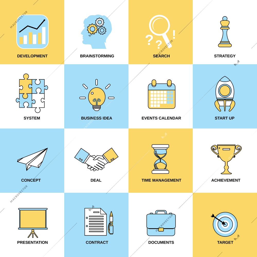 Business icons flat line set of development brainstorming search isolated vector illustration