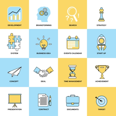 Business icons flat line set of development brainstorming search isolated vector illustration