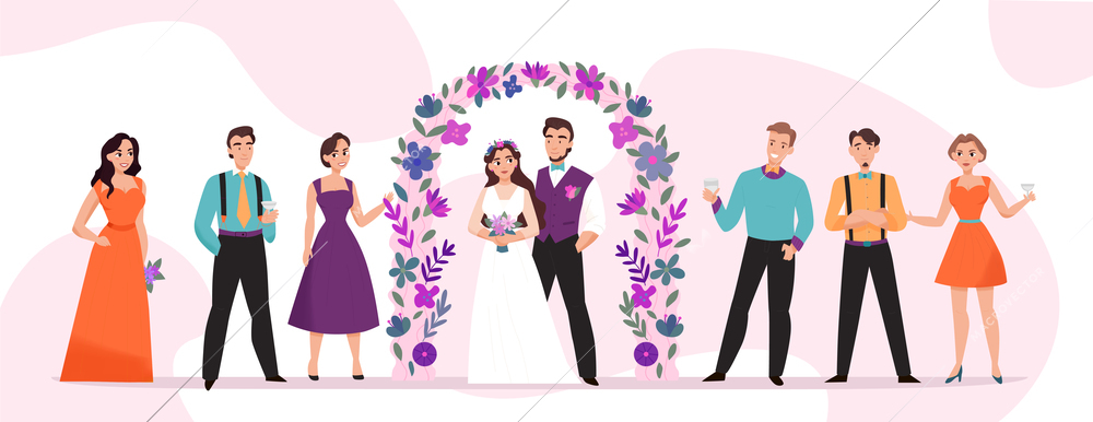 Wedding day horizontal pink background composition with marriage ceremony flower arch newlywed couple guests vector illustration