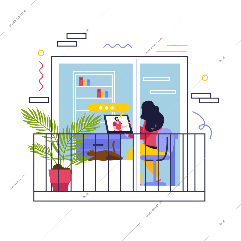 Home garden on balcony concept with houseplants and house interior flat vector illustration