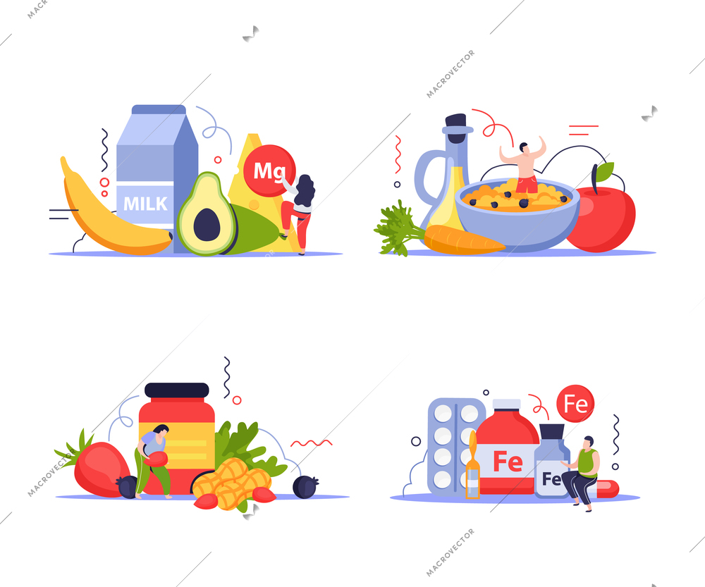 Vitamins in products concept icons set with food symbols flat isolated vector illustration