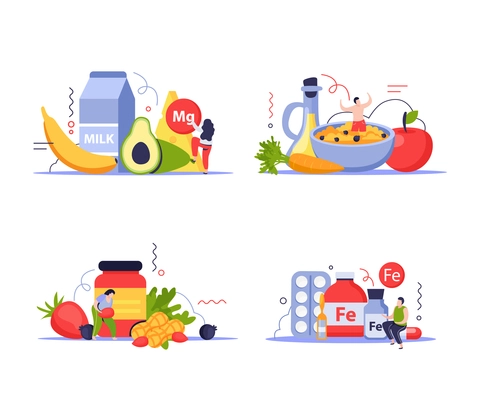 Vitamins in products concept icons set with food symbols flat isolated vector illustration