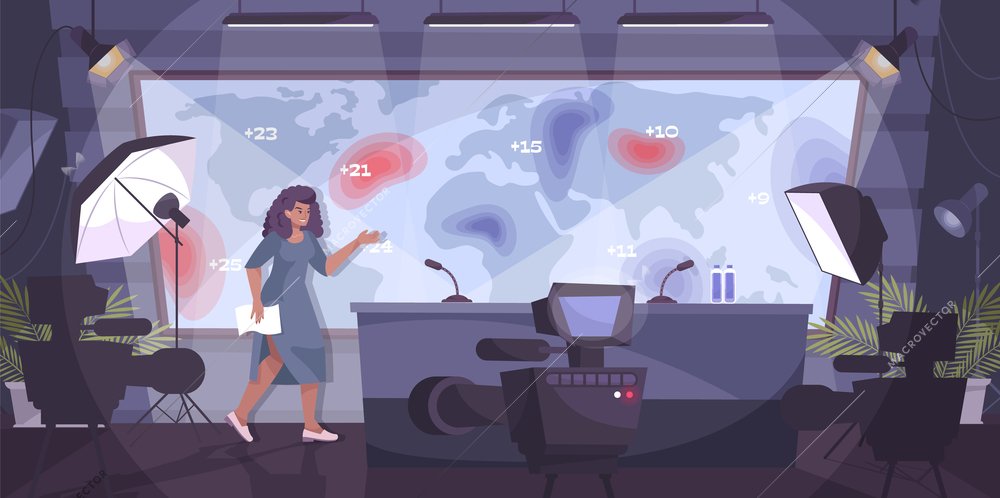 Weather forecast flat composition with indoor scenery of tv studio with cameras and woman at screen vector illustration