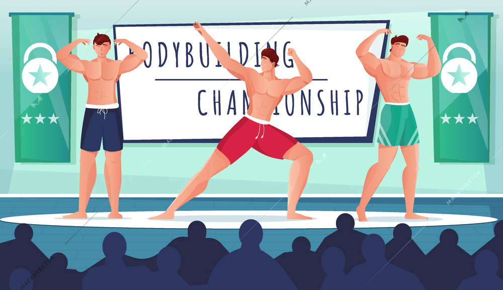 Bodybuilding competition show flat composition with view of athletes posing on stage with silhouettes of audience vector illustration