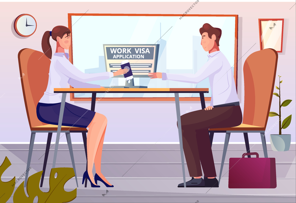 Work visa flat composition with indoor office scenery and foreign specialist taking back passport working permit vector illustration