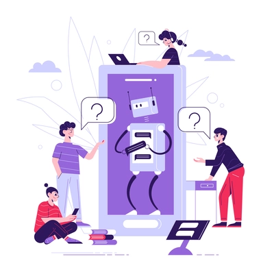 Chatbot technical support artificial intelligence software flat background composition with robot answering customer questions vector illustration