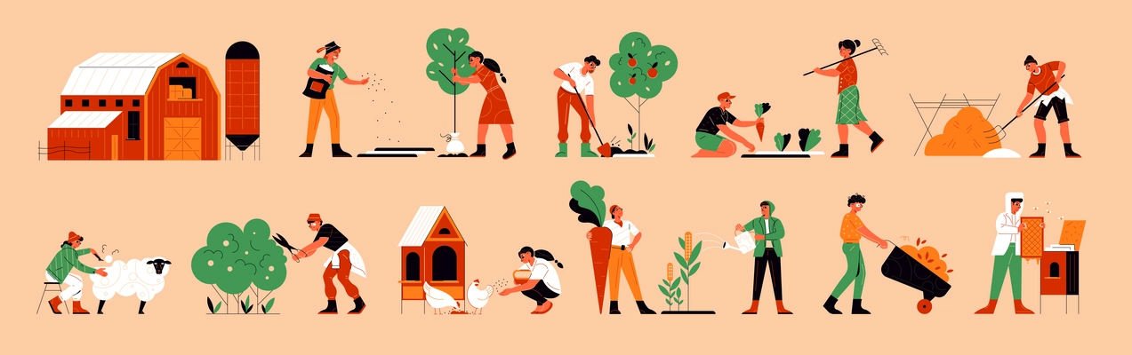 Farm color set with isolated human characters and icons of gardening plants and tools with buildings vector illustration