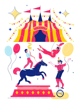 Funfair composition with images of circus big top flags and flying balloons with characters of performers vector illustration