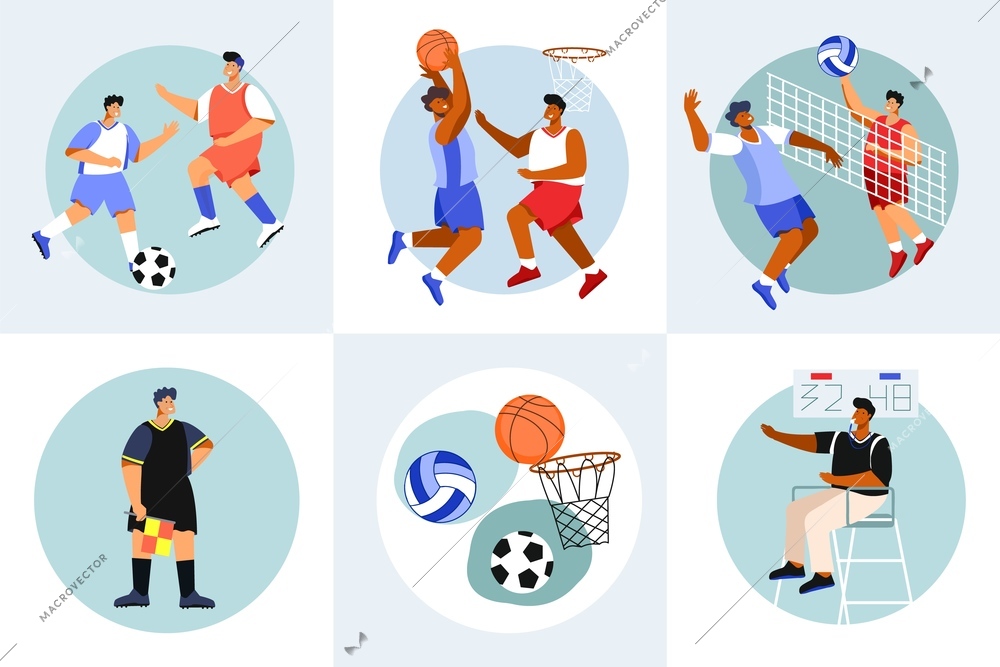 Sports stadium set of flat compositions with doodle style characters of athletes referees basket and balls vector illustration