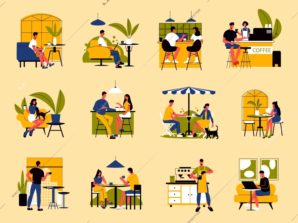 People drinking coffee while working on laptop talking to friends sitting at cafe flat set isolated vector illustration