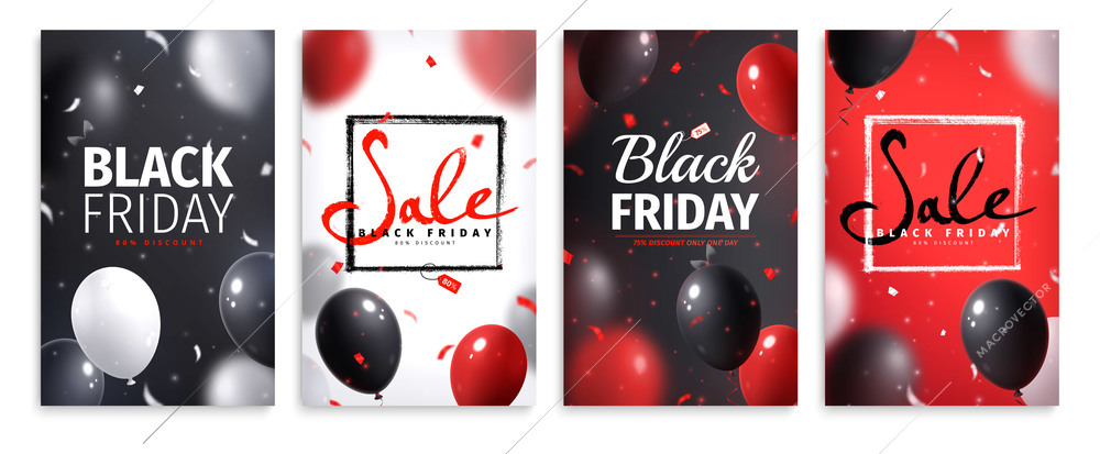 Black friday and cyber monday sale banner set with colored balloons isolated vector illustration