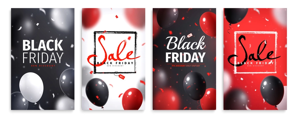 Black friday and cyber monday sale banner set with colored balloons isolated vector illustration