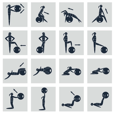 Women silhouettes with fitness ball sport equipment icons black set isolated vector illustration
