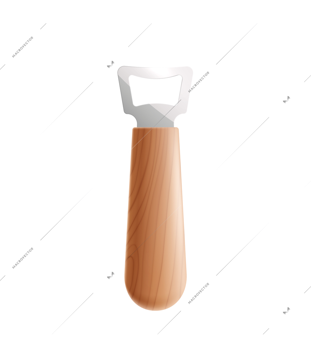 Beer realistic composition with caplifter bottle opener with wooden handle vector illustration