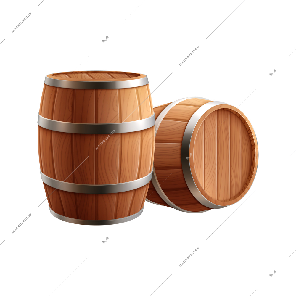 Beer realistic composition with view of two wooden barrels for storing beer vector illustration
