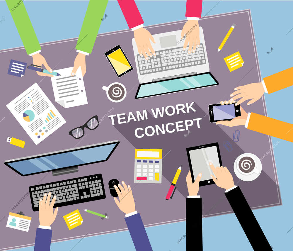 Business team teamwork concept top view people on table vector illustration
