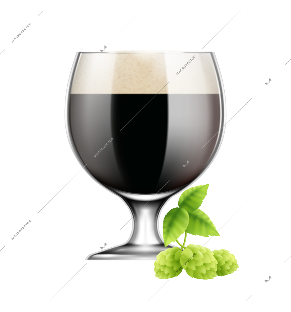 Beer realistic composition with images of ripe green hop plant and dark beer glass vector illustration