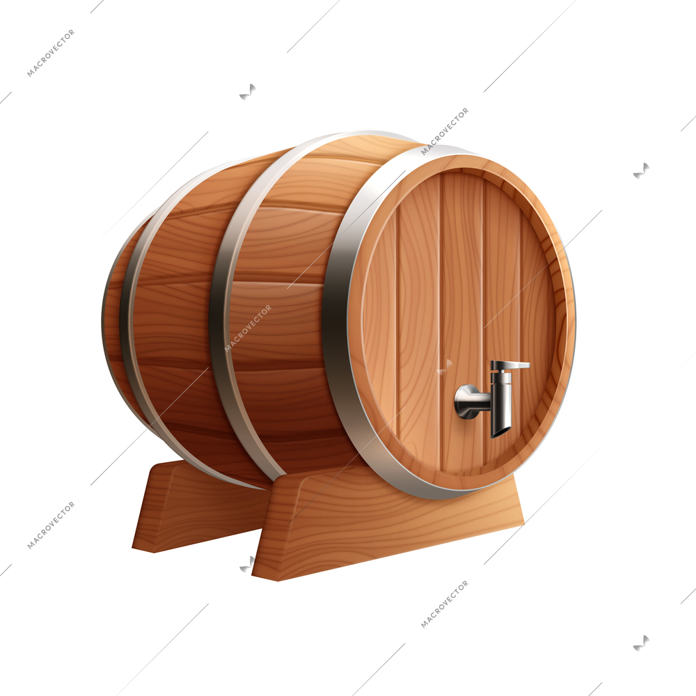 Beer realistic composition with image of wooden beer barrel with metal rings vector illustration