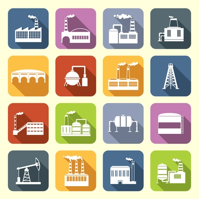 Industrial building modern city icons flat set with drilling rig and holding tanks isolated vector illustration