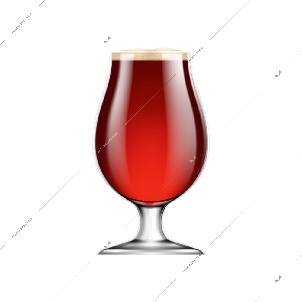 Beer realistic composition with view of stem glass filled with amber beer vector illustration