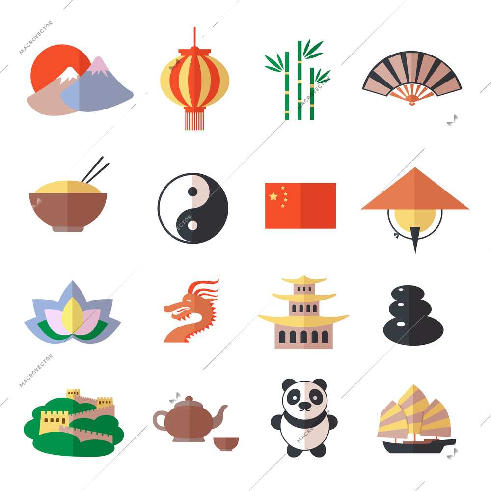 China travel asian traditional culture symbols icons set isolated vector illustration
