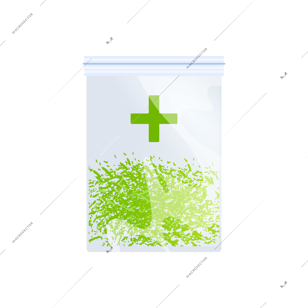 Medical marijuana cannabis drugs flat composition with hit of hemp packet into transparent zip lock vector illustration