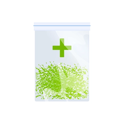 Medical marijuana cannabis drugs flat composition with hit of hemp packet into transparent zip lock vector illustration